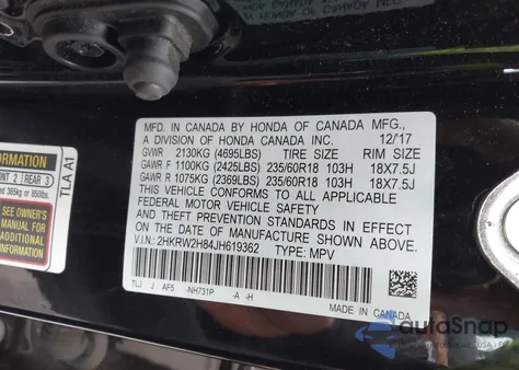 2018 Honda Cr-V Ex-L/Ex-L Navi из США, поврежденный, VIN 2HKRW2H84JH619362